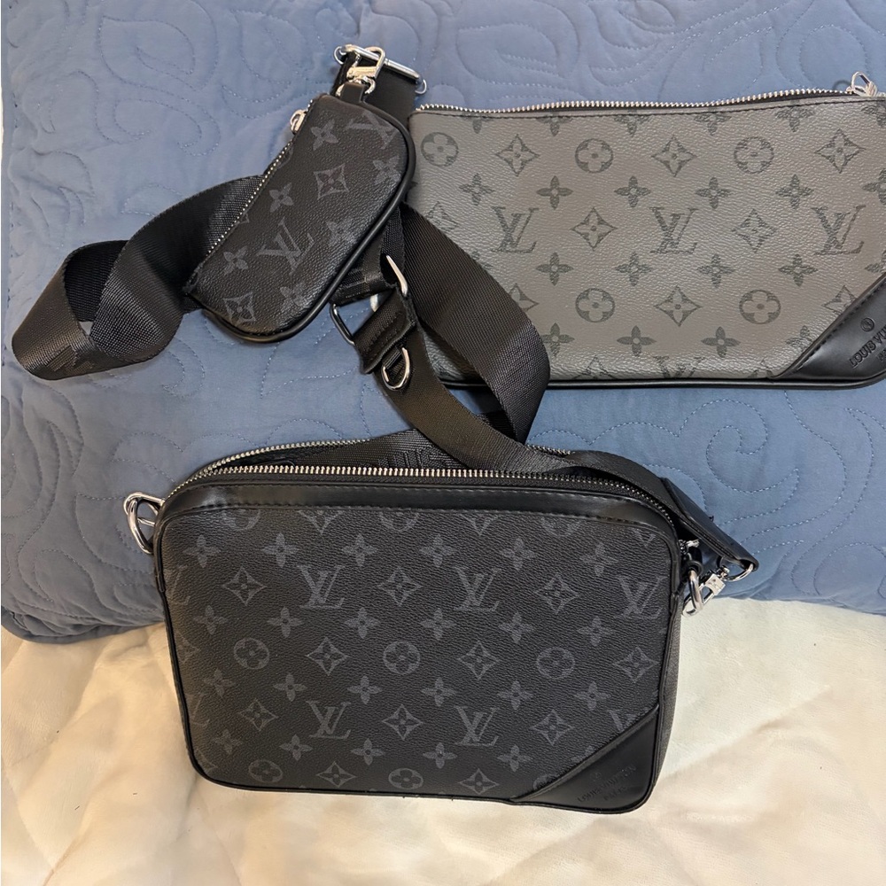 Designer look Black and Gray Monogram trio Messenger Bag Set. Unisex